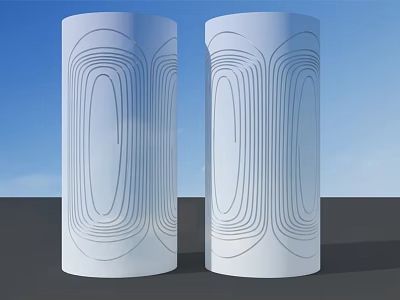 White Pillars With Curved Line Patterns Against Blue Sky And Gray Ground 3d model