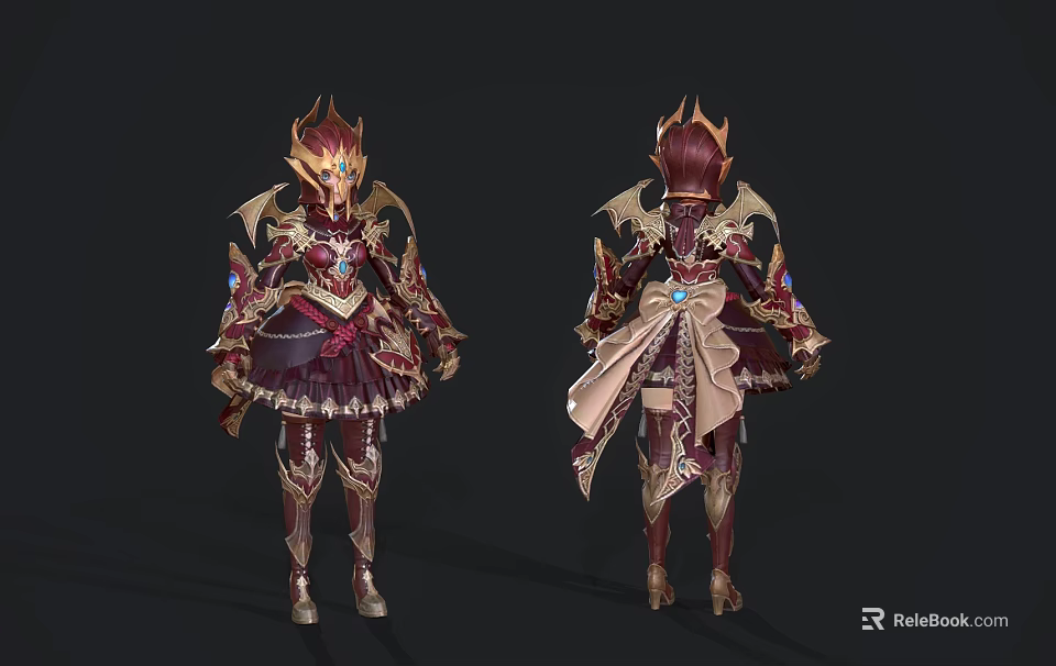 Game Movie Character In Ornate Red Gold Armor With Winged Shoulders And Layered Skirt 3d model 