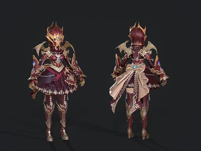 Game Movie Character In Ornate Red Gold Armor With Winged Shoulders And Layered Skirt 3d model