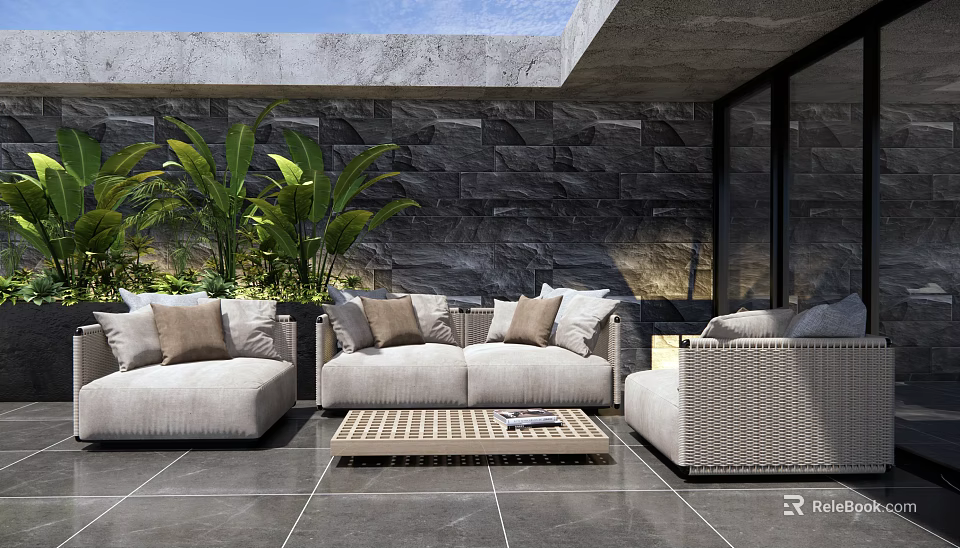 Stylish Outdoor Sofa Patio Setting With Plush Cushions And Green Plants By Stone Wall 3d model 