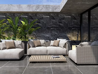 Stylish Outdoor Sofa Patio Setting With Plush Cushions And Green Plants By Stone Wall 3d model