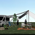 Outdoor Camping Setup With White Van Tent Colorful Flags And People On Grassy Area
