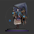 Adorable Cloaked Little Girl Character With Staff Surrounded By Blue Butterflies On Pedestal