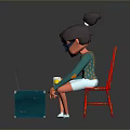 Red Chair Blue Trunk With Laptop On Green Rug For Home Living
