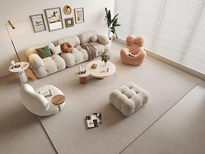 Plush Beige Sofa With Round Coffee Table Accent Chairs Ottoman And Decorative Art 3d model