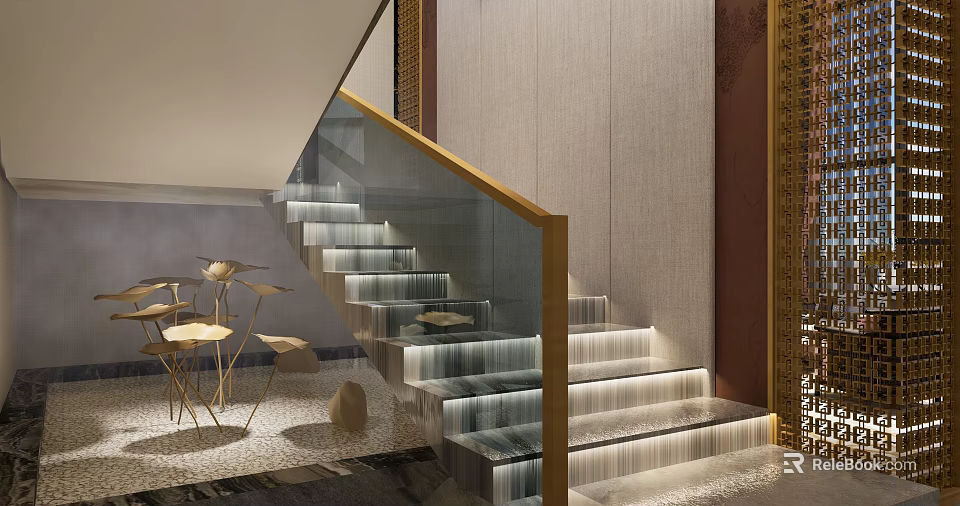 Elegant Modern Staircase Interior With Glass Handrail Golden Frame Stone Steps And Lighting 3d model 