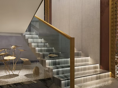 Elegant Modern Staircase Interior With Glass Handrail Golden Frame Stone Steps And Lighting 3d model
