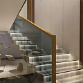 Elegant Modern Staircase Interior With Glass Handrail Golden Frame Stone Steps And Lighting