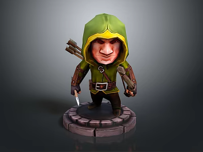 Male 3D Character Model In Green Hooded Outfit Holding Arrows And Knife On Stone Pedestal 3d model