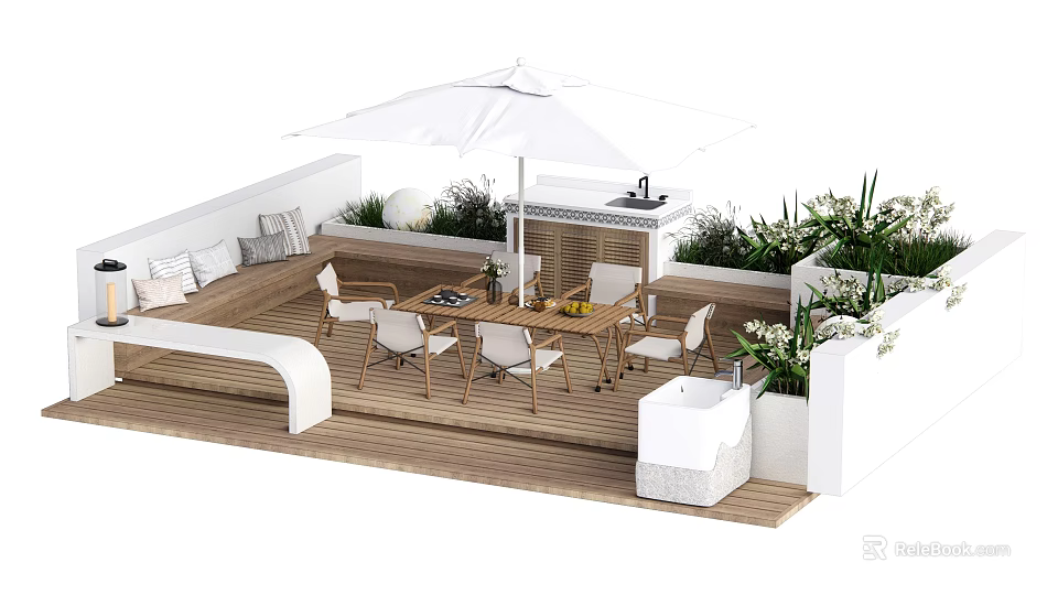 Outdoor Landscape Seating Design For Terrace With Wooden Floor White Umbrella And Green Plants 3d model 
