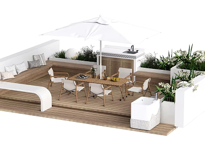 Outdoor Landscape Seating Design For Terrace With Wooden Floor White Umbrella And Green Plants 3d model