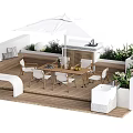 Outdoor Landscape Seating Design For Terrace With Wooden Floor White Umbrella And Green Plants