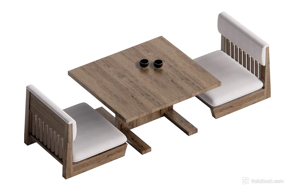Wooden Square Tea Table And Chairs With Light Cushions And Two Black Cups 3d model 