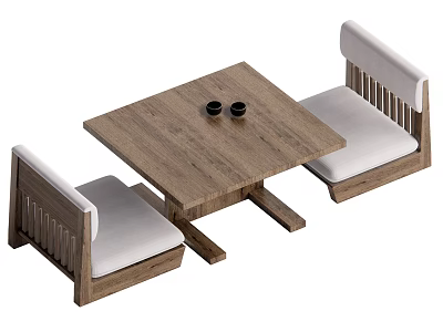 Wooden Square Tea Table And Chairs With Light Cushions And Two Black Cups 3d model
