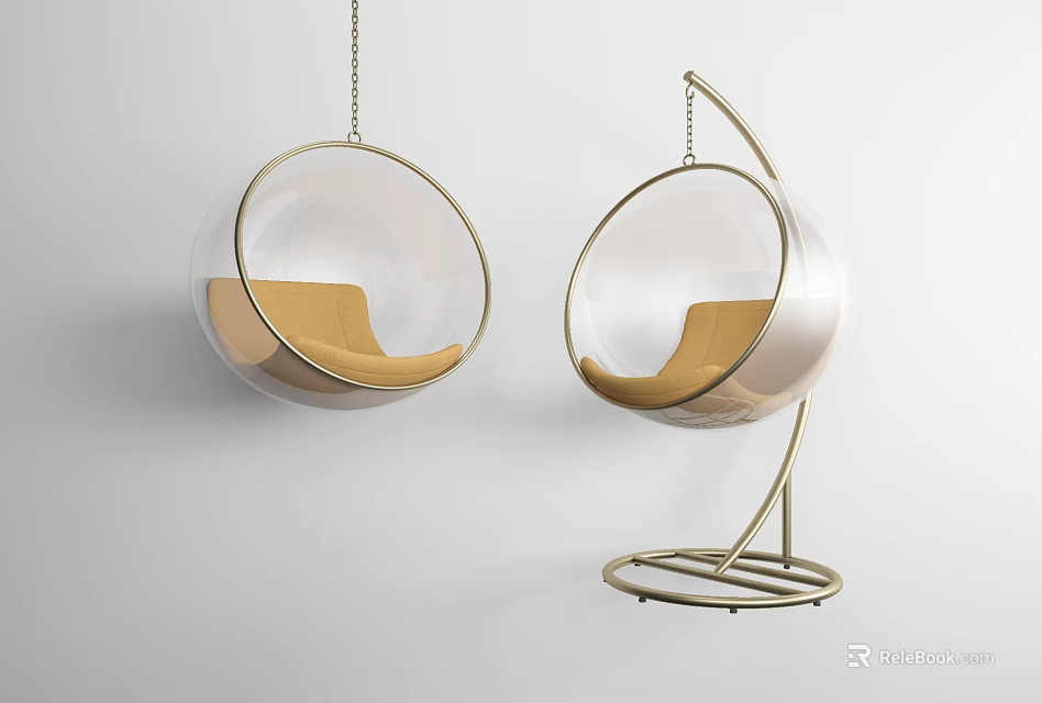 Stylish Transparent Spherical Hanging Chairs with Yellow Cushions One Suspended and One with Stand Design 3d model 