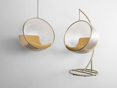 Stylish Transparent Spherical Hanging Chairs with Yellow Cushions One Suspended and One with Stand Design 3d model