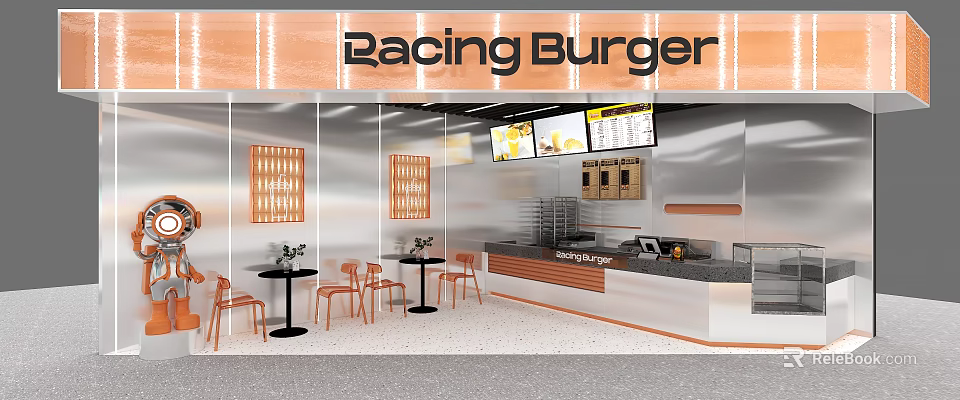 Modern Milk Tea Shop Interior Featuring Silver Walls Orange Accents Order Counter And Menu Screens 3d model 