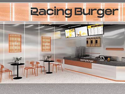 Modern Milk Tea Shop Interior Featuring Silver Walls Orange Accents Order Counter And Menu Screens 3d model