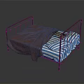 Double Bed With Black Metal Frame Red Blanket And Blue White Striped Bedding