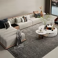 L Shaped Beige Sofa Coffee Table Combination With Round Marble Top And Decorative Pillows 3d model