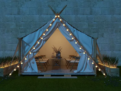 Garden Landscape With Canvas Tent String Lights Stone Wall Table And Chairs 3d model