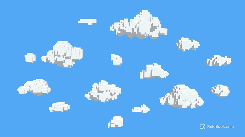 Scenic Park Landscape With White Pixel Clouds In Blue Sky 3d model 