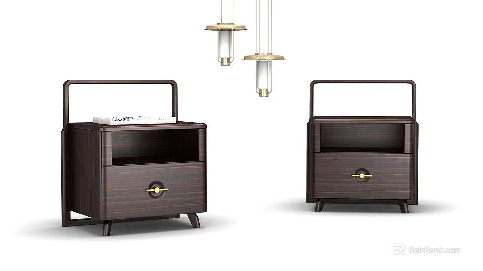 Two Dark Wood Bedside Tables with Golden Handles Book and Pendant Lights Above 3d model 
