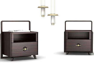 Two Dark Wood Bedside Tables with Golden Handles Book and Pendant Lights Above 3d model