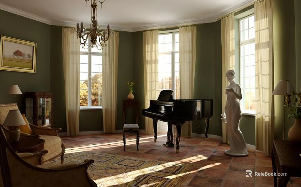 Classic Piano Room Interior With Grand Piano Chandelier And Statue 3d model 