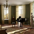 Classic Piano Room Interior With Grand Piano Chandelier And Statue
