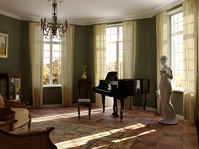 Classic Piano Room Interior With Grand Piano Chandelier And Statue 3d model