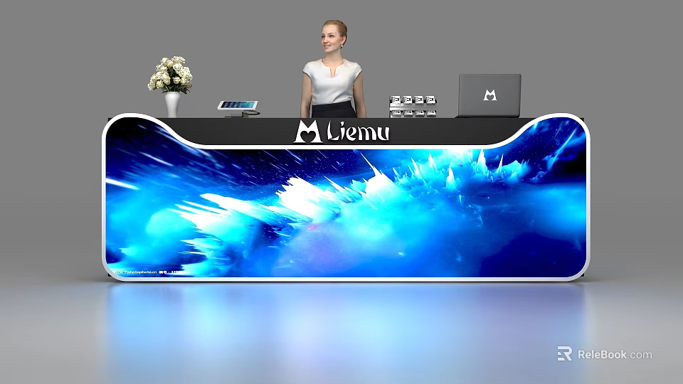 Modern Liemu Reception Desk With Blue Illuminated Design Receptionist Flower Vase Tablet And Laptop 3d model 