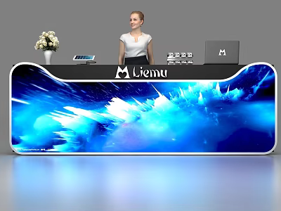 Modern Liemu Reception Desk With Blue Illuminated Design Receptionist Flower Vase Tablet And Laptop 3d model