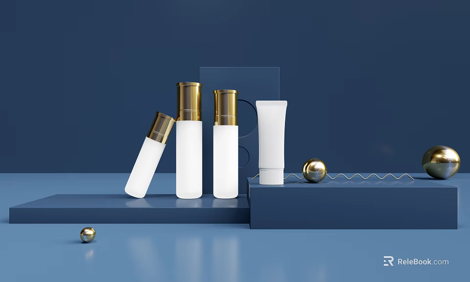 Modern Minimalist Display Shelves With White Bottles Gold Caps And Decorative Spheres On Blue Background 3d model 