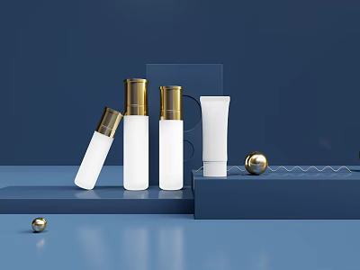 Modern Minimalist Display Shelves With White Bottles Gold Caps And Decorative Spheres On Blue Background 3d model