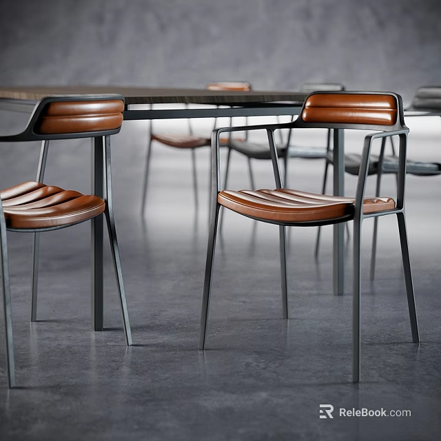 Modern Table And Chair Set With Brown Leather Seats And Metal Legs 3d model 