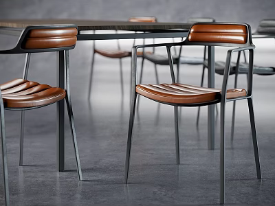 Modern Table And Chair Set With Brown Leather Seats And Metal Legs 3d model