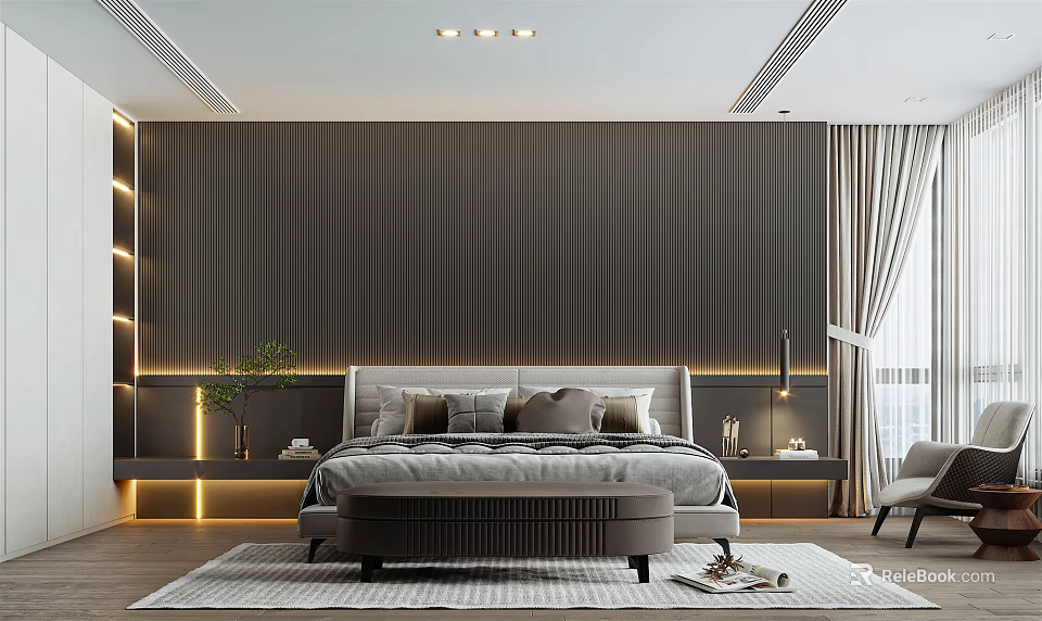 Modern Bedroom Interior Design With Dark Wall Bedhead Bedside Tables And Area Rug 3d model 