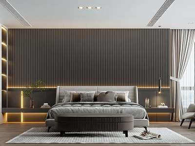 Modern Bedroom Interior Design With Dark Wall Bedhead Bedside Tables And Area Rug 3d model