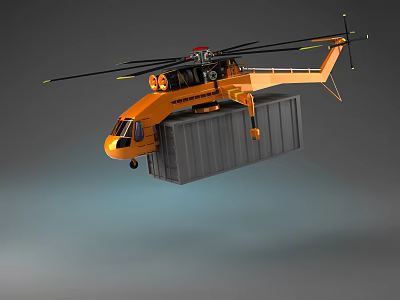 Orange Heavy Lift Helicopter Lifting Large Gray Container for Aerial Transport 3d model
