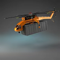 Orange Heavy Lift Helicopter Lifting Large Gray Container for Aerial Transport