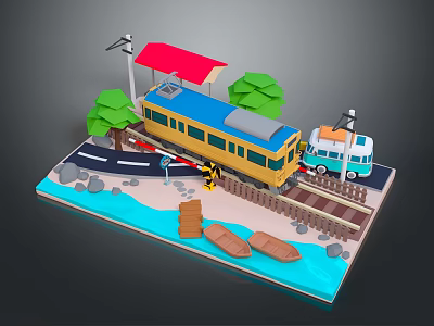 Modern Scene With Yellow Blue Train Bus Railway Track Level Crossing Building Trees And Boats 3d model