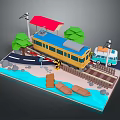 Modern Scene With Yellow Blue Train Bus Railway Track Level Crossing Building Trees And Boats