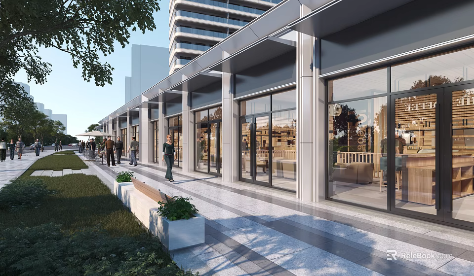 Modern Commercial Street With Glass Facade Shops Pedestrians Greenery Benches And High Rise Buildings 3d model 