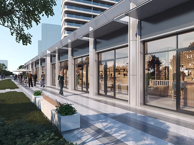 Modern Commercial Street With Glass Facade Shops Pedestrians Greenery Benches And High Rise Buildings 3d model