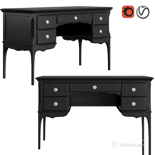 Classic Black Dressing Table Design With Multiple Drawers And Elegant Legs 3d model