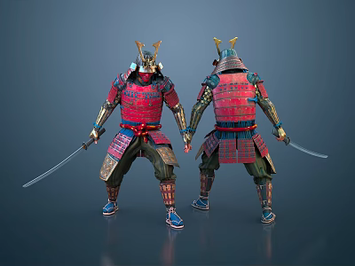 Detailed Traditional Japanese Samurai Armor With Sword Front And Back View 3d model