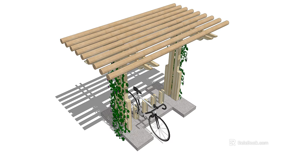 Wooden Pergola With Slat Roof And Climbing Vines For Bicycle Parking 3d model 