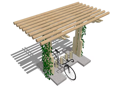 Wooden Pergola With Slat Roof And Climbing Vines For Bicycle Parking 3d model