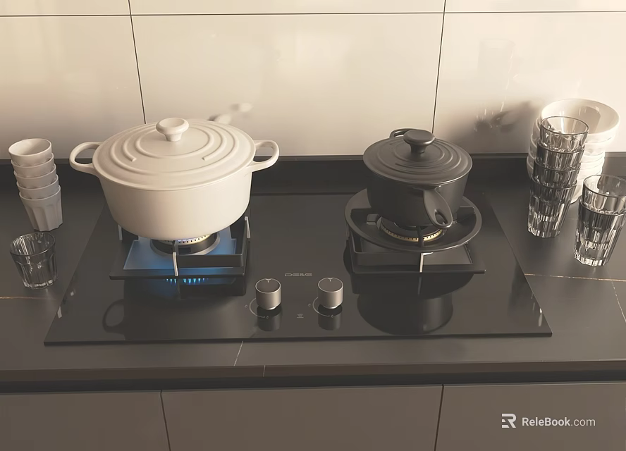 Kitchen Appliances Black Gas Stove With Two White And Black Pots Stacked Glass Cups 3d model 
